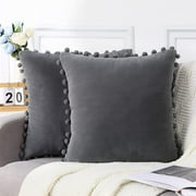 Yesfashion Velvet Throw Pillow Covers Set of 2, Pompom Decorative Pillowcases Solid Soft Cushion Covers, 12x20 inch