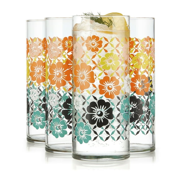 Libbey Vintage Flower Drinking Glasses Set of 4, Colorful, Retro Floral Design Glass Cups Set, Dishwasher Safe Water Glasses Set for Beverages
