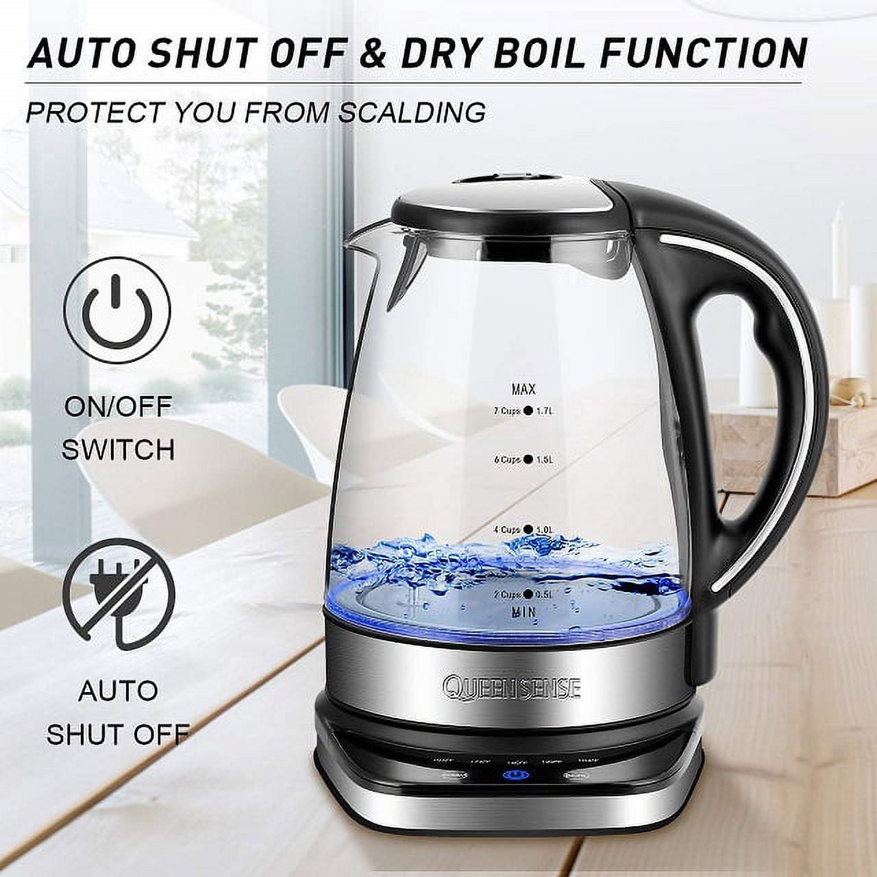 QUEENSENSE 1.7L Blue LED Light Electric Hot Water Glass Kettles