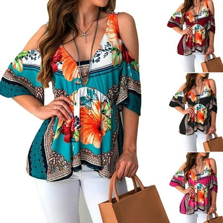 Women Open Back Print Top T-Shirt Fashion Strapless Blouse Loose Plus Size
