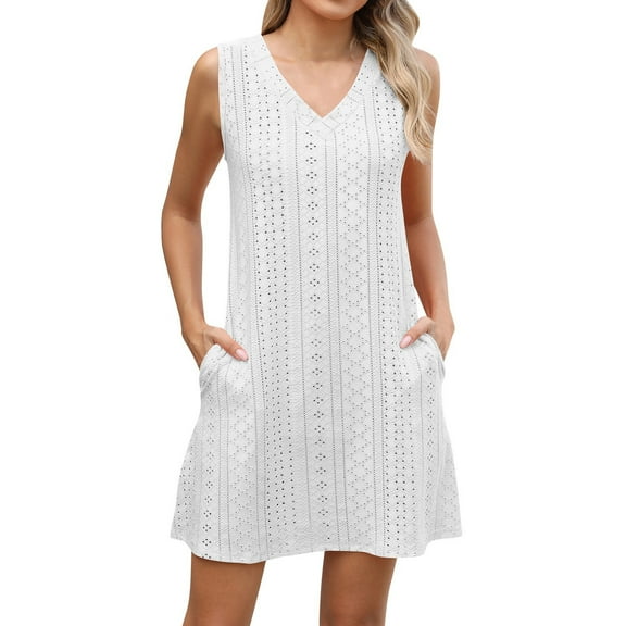 LNWUY Womens Summer Dresses Casual Beach Tank Eyelet Sleeveless Sundresses Solid Color V-Neck Loose Dress with Pockets White XXL