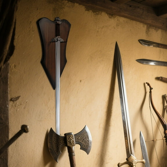 Sword Plaque Wall Mount Vertical Display Holder Adjustable Stand for Bow Medieval Dagger Axe for Displaying Bow Dagger Axe Anime Prop(1pcs Medium Brown)
