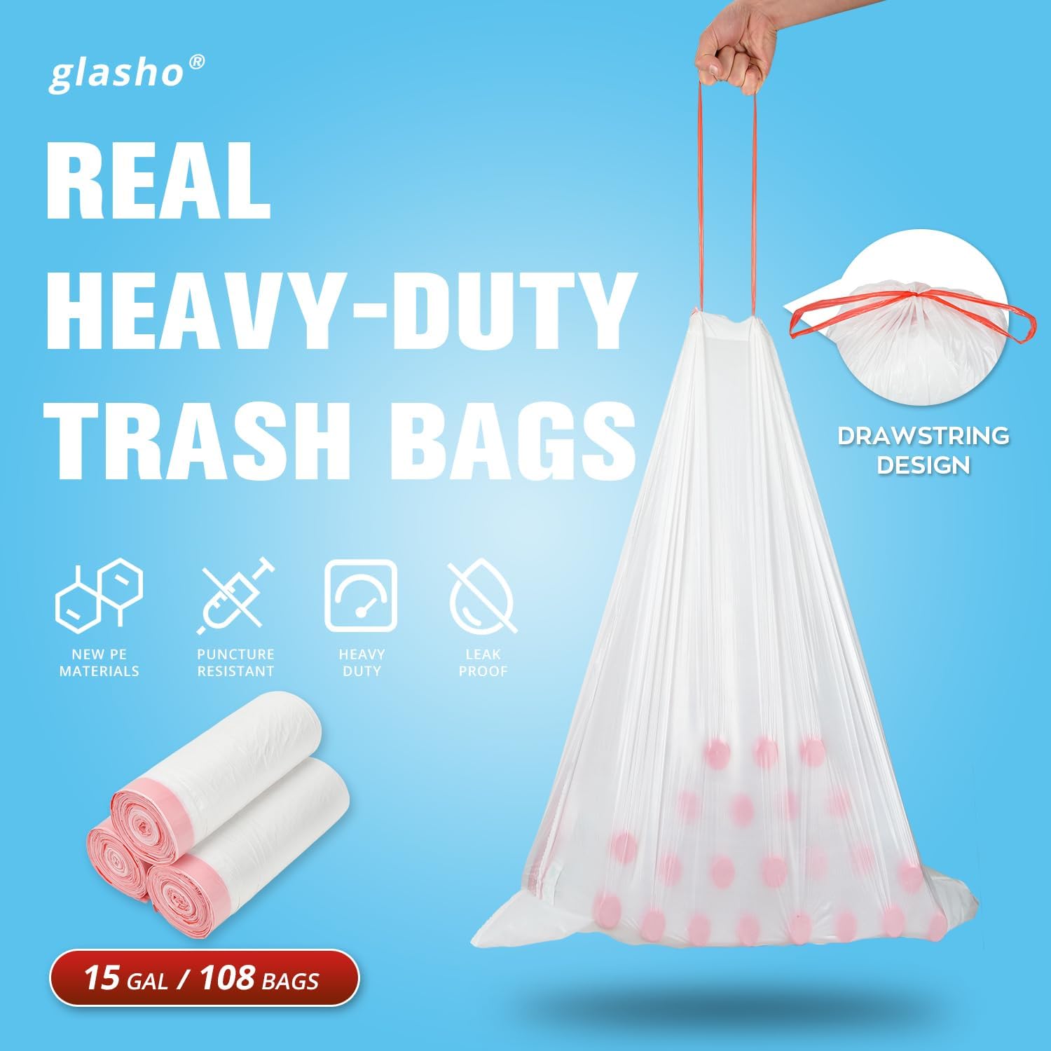 Ultra Thick Drawstring Trash Bags, Heavy Duty Large Plastic Garbage Bag, Leak Proof Trash Can Liners for Kitchen Home Office Lawn Outdoor, White