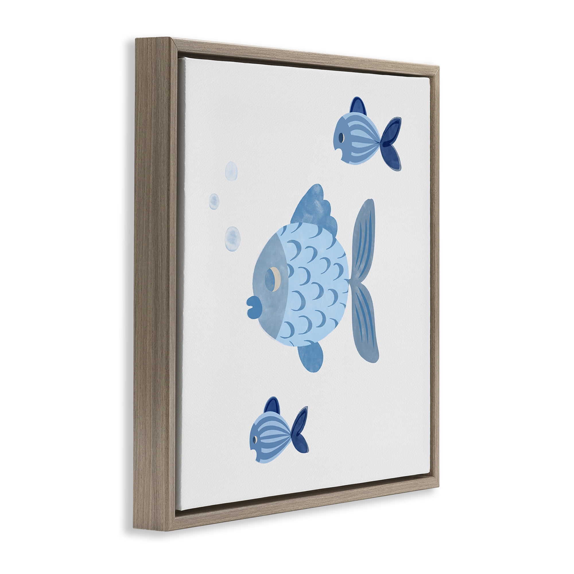 Stupell Industries Minimal Blue Fish Animals Painting Brown Floater Framed Canvas Art Print Wall Art, 25 x 25