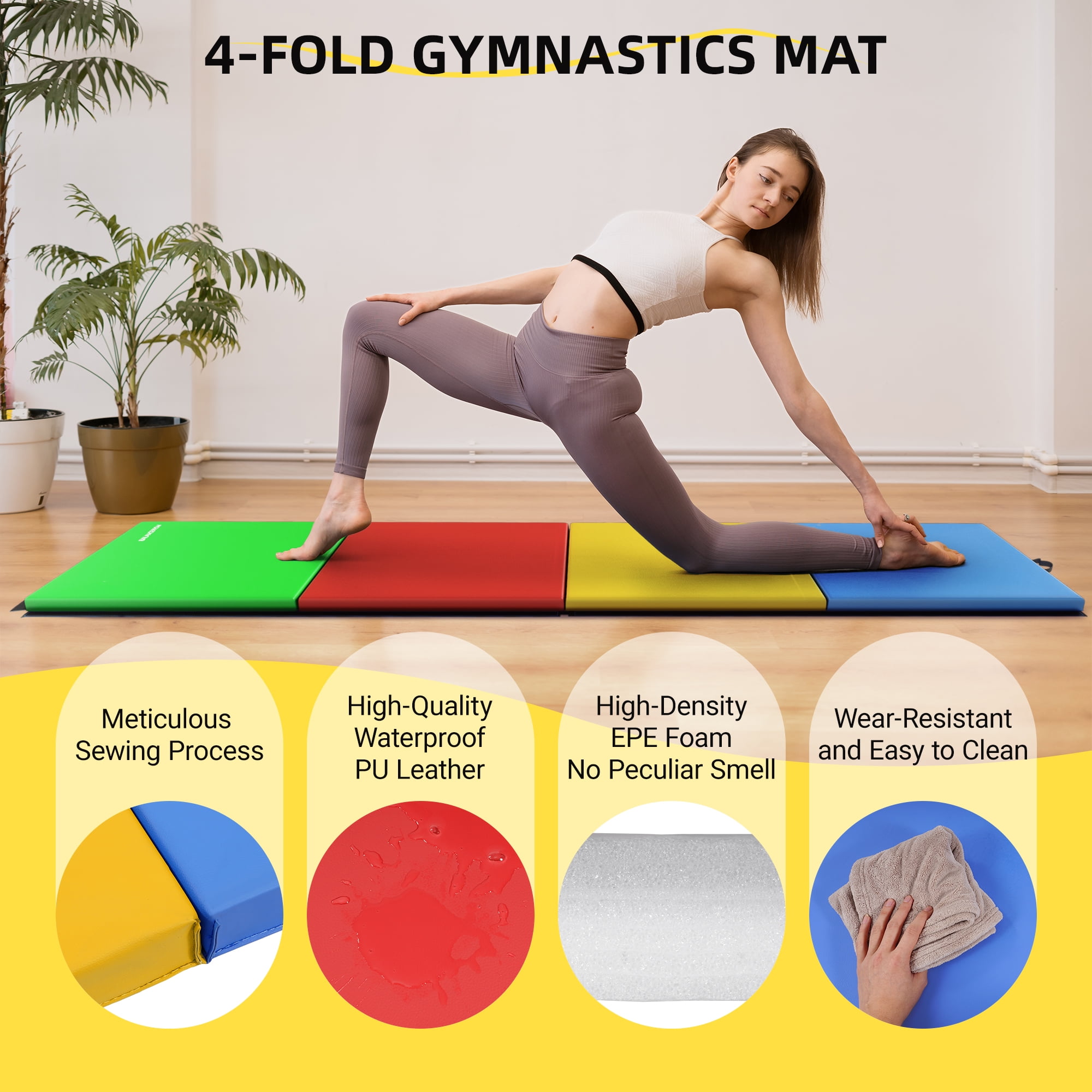 Signature Fitness 4ft x 10ft x 3in Folding Gymnastics Mat, 4-Panel Extra Thick Exercise Mat with Handles, PVC Leather + EPE Foam, Multiple Colors