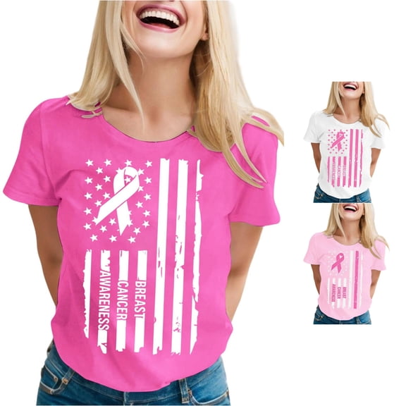 XDZJLR Breast Cancer Awareness Tshirts Shirts For Women Pink Ribbon Graphic Short Sleeve Relaxed Fit T Shirt Tops T-Shirts S