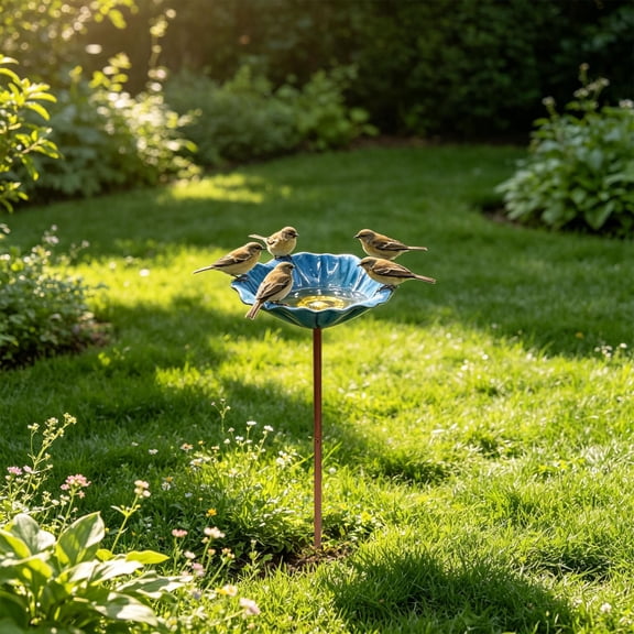 All-Metal Bird Feeder & Bath Stand for Outdoor Garden, Ground Mounted Feeding & Bathing Station for Wild Birds, Adjustable Large Capacity, Multifunctional Courtyard Meadow