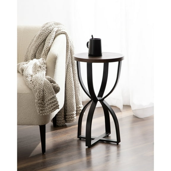 Kate and Laurel Ullot Modern Wood and Metal Round Side Table, 14 x 14 x 25, Brown and Black, Geometric Circle End Table for Use as Bedroom Nightstand or Indoor Plant Stand