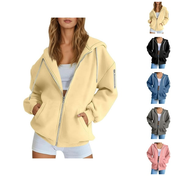 Basic Zip Up Hoodies for Women 2025 Long Sleeve Plain Slim Fit Hooded Sweatshirt with Pockets Jacket Coat