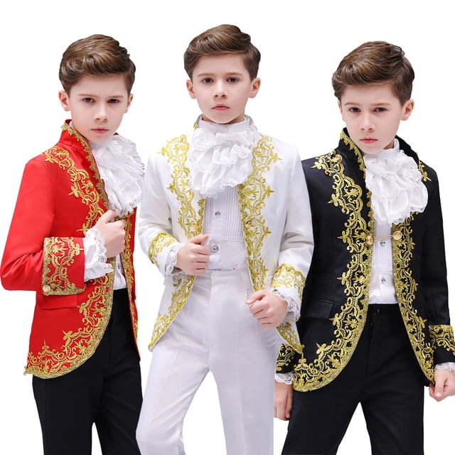 Traje de teatro de corte para niños y niños con vestido de actuación de príncipe azul en el escenario con flores doradas
