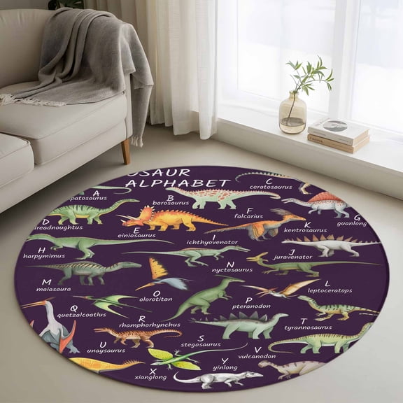 Purple Dinosaur Round Area Rug 4Ft Washable Circle Rugs for Bedroom Dining Room, Vintage Letters Farm Animals Non-Slip Carpet Floor Mats Indoor Outdoor Carpet Runner Aesthetic Home Decor