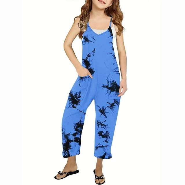 RXIRUCGD Combinaisons Décontractées pour Filles Sans Manches Combinaisons d'Été Pantalons Longs avec Poches pour 5-14 Ans ( Multicolore, Taille : 11-12 Ans )