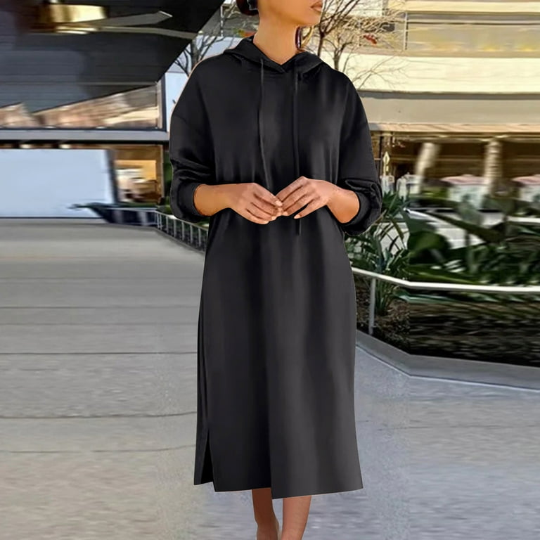black oversized hoodie dress Hoodie Dress with Flounce Skirt - BLACK-BLACK main image 1