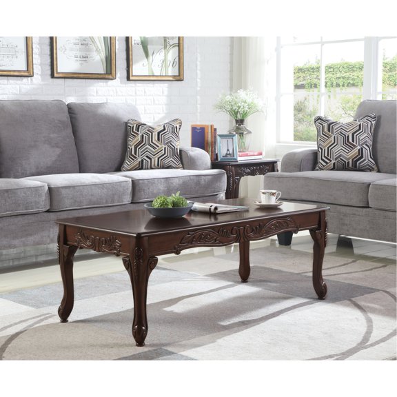 Elegant Dark Cherry Finish Wood Coffee Table With Ornate Textures Warm Hued Elements