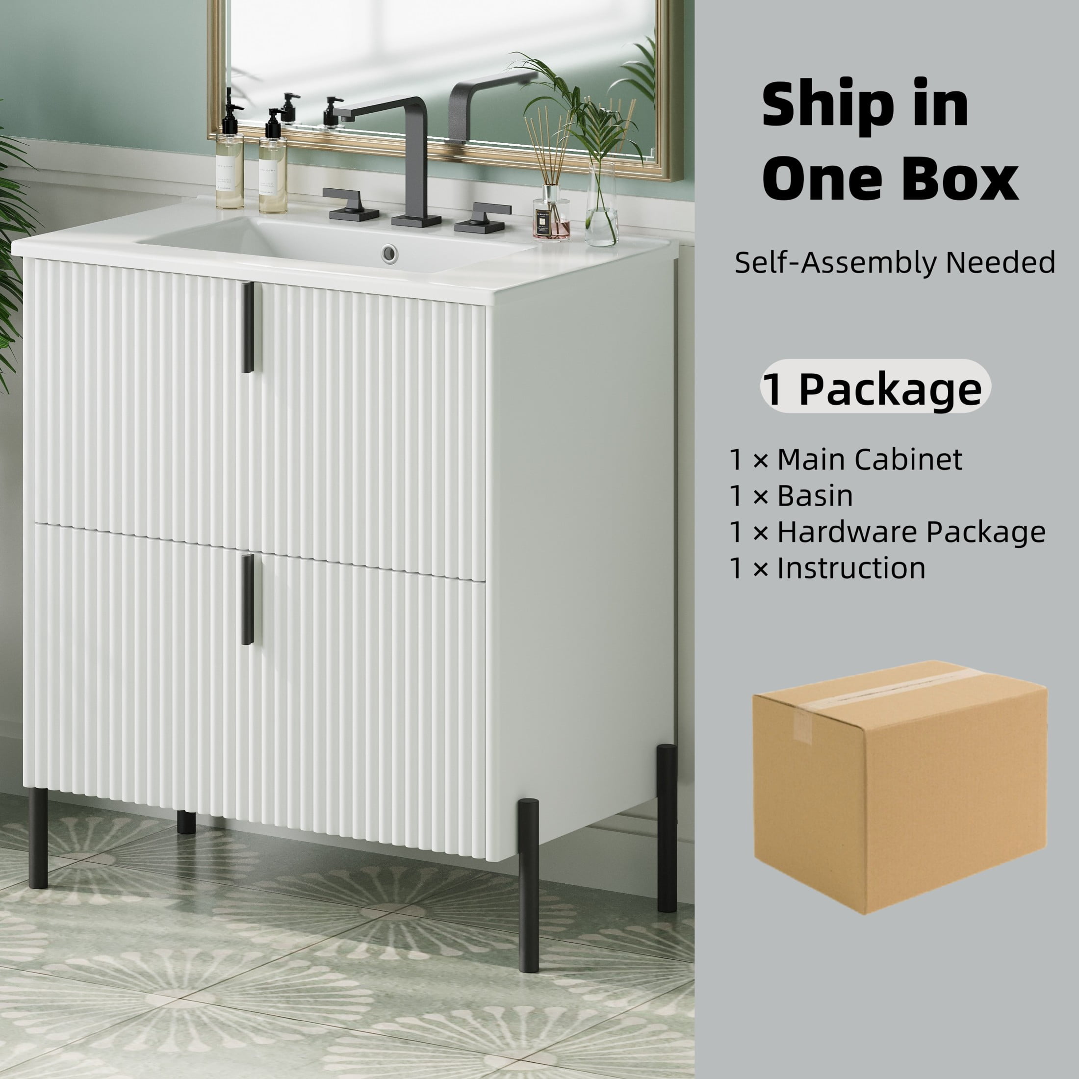 Christopher Knight Home 30" Bathroom Vanity with Sink, Soft-Close Drawers, Fluted Design, White