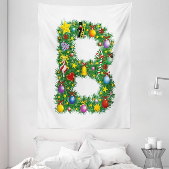 Letter B Tapestry, Tasty Candy Cane and Figure with Top Hat Suit Christmas Tree Design with B Print, Wall Hanging for Bedroom Living Room Dorm Decor, 60W X 80L Inches, Multicolor, by Ambesonne