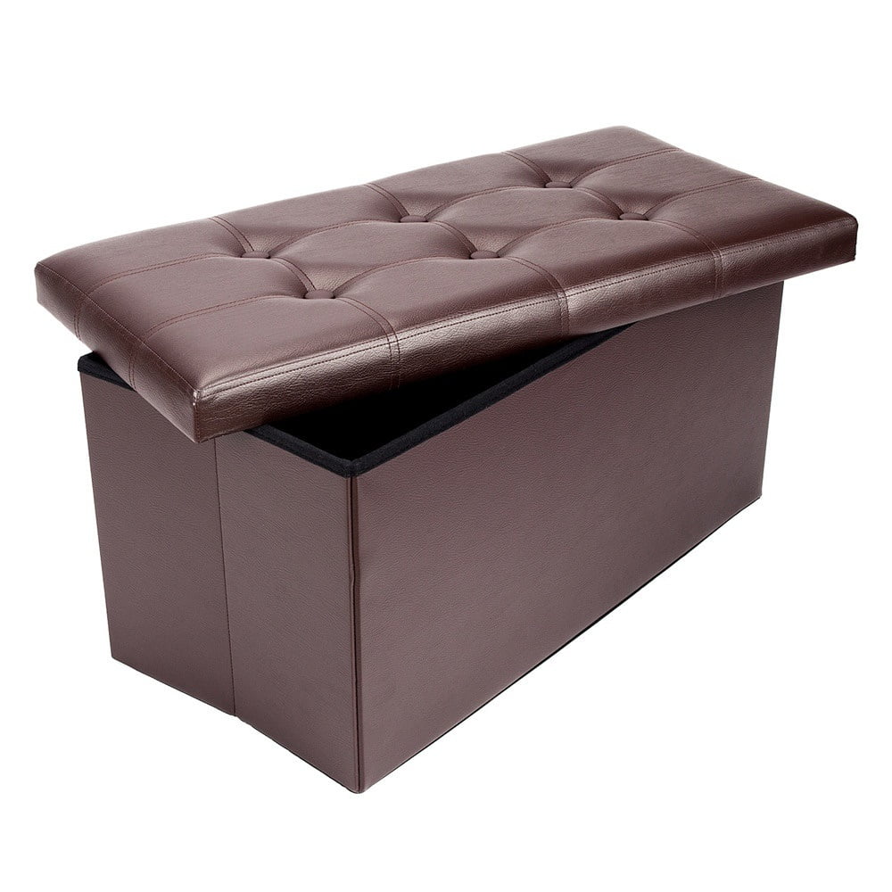 Folding Brown Leather Storage Ottoman Bench Faux Leather Decor Storage Seating 