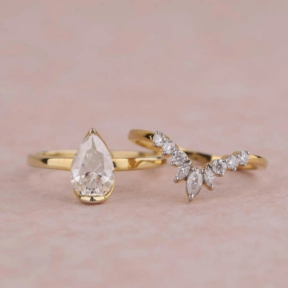 KANISHKAGEMS&JEWELS Engagement Ring Set Pear Shape Moissanite & Curved Half Eternity Band Art Deco 14K Gold Bridal Wedding Set Valentine's Day Gift For Her