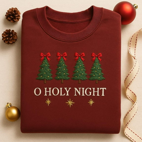 Embroidered Trees O Holy Night Sweatshirt, Religious Christmas Crewneck, Nativity Gift, Holiday Pullover, Faith Based Xmas Shirt