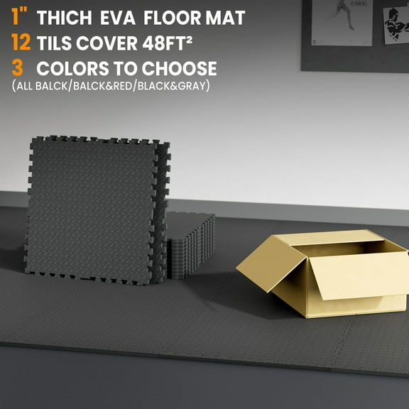 1 Inch Thick 48 Sq Ft Rubber Top EVA Foam Gym Mats (12pcs) - Interlocking Puzzle Floor Tiles, High-Density Flooring for Home Gym Heavy Workout Equipment