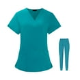 thumbnail image 2 of Uniforme Set pantalones Escote en V Sólido Multi bolsillo Manga corta Suave estiramiento Máquina Lavable Traje para salón de belleza Azul S Hugo Blusa y pantalones médicos, 2 of 10