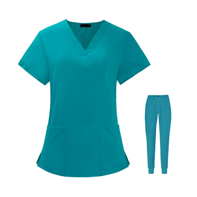 TISHITA Uniform Scrub Set Top and Pants Soft Multi Pocket Unisex V Neckline Stretch Work Blue L