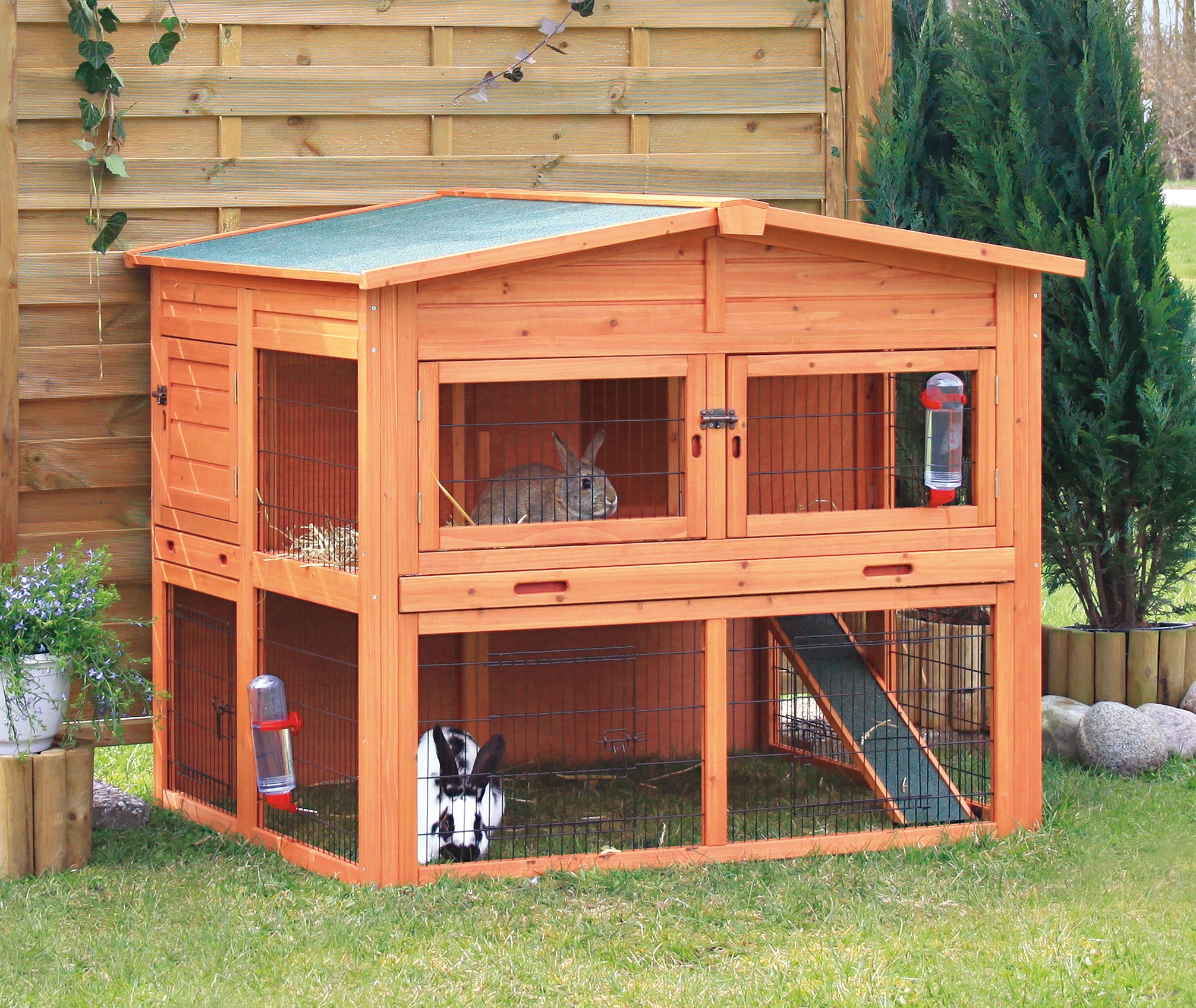 TRIXIE Deluxe Weatherproof Outdoor 2-Story Large Wooden Small Animal Hutch, Run, Tray, Brown - image 2 of 7