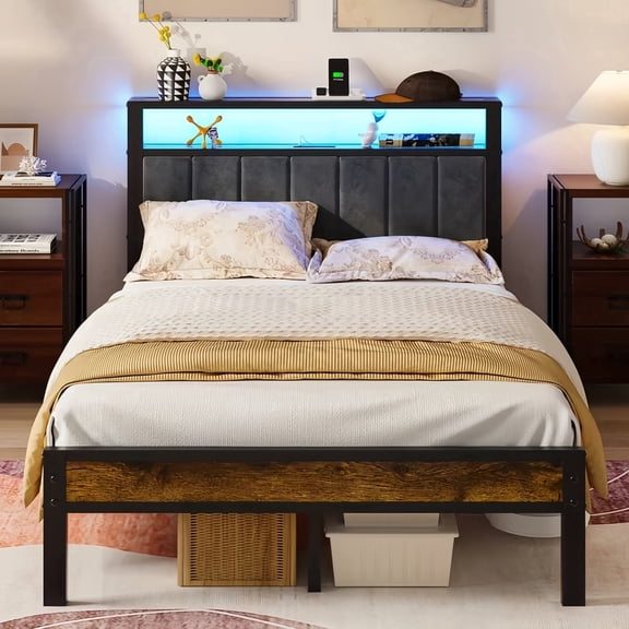 Kbun Queen Size Bed Frame with Headboard Storage Metal Platform Bed with Charging Station, Upholstered Tufted Storage Headboard,Noise-Free, No Box Spring Needed, Easy Assembly, Rustic