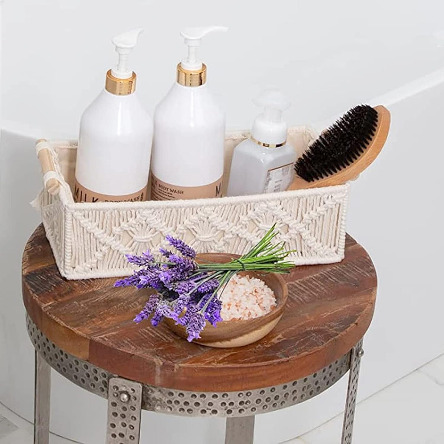 Kvago Macrame Storage Basket Boho Decor Bathroom Baskets for Organizing, Toilet Tank Basket for Bathroom Woven Decor Basket with Handle Bedroom Nursery Living Room Entryway (Beige)