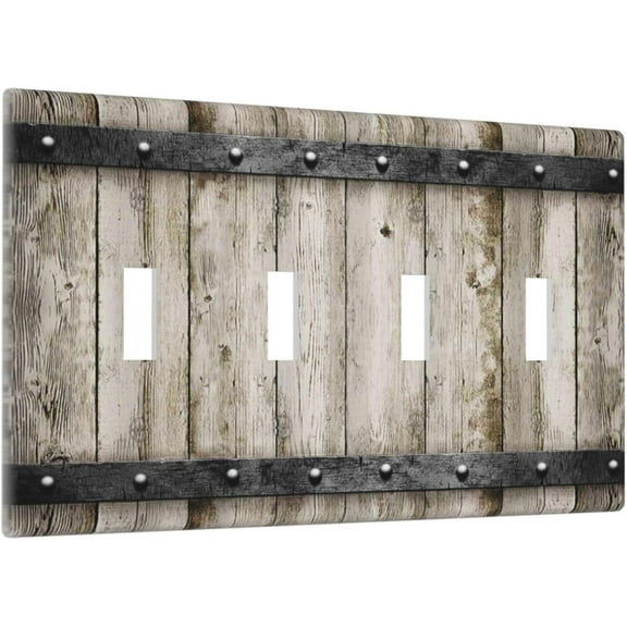 GHRTGR-Rustic Vintage Brown Wood Plank 4 Gang Quad Toggle Device Light Switch Cover Decorative Wall Plate Decorative Electrical Faceplate Outlet Cover