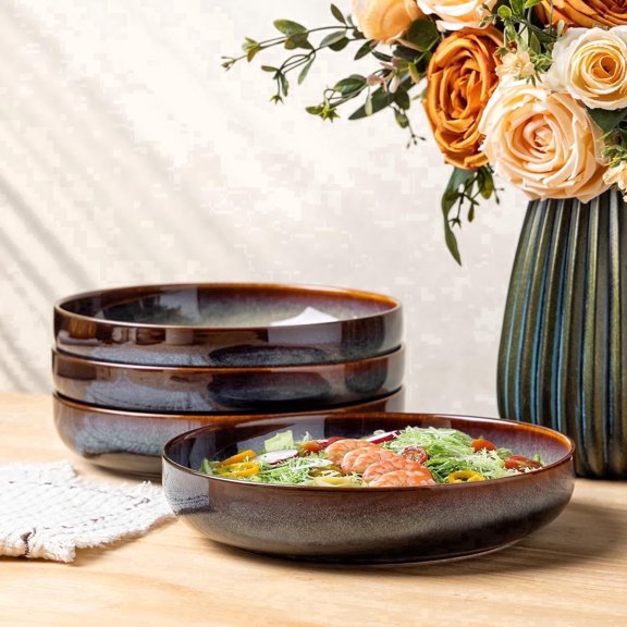 TheTerra 8.5'' Ceramic Pasta Bowls, Salad Bowls Set of 4, Stoneware Serving Bowls for Fruits, Noodle, Dinner, House-warming Wedding Present, Coca Mocha