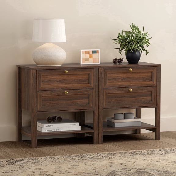 EYYTHUNG Modern Nightstand Set of 2 with Drawers, Farmhouse Wood Bedside Table with Open Shelf, Large End Table, Brown