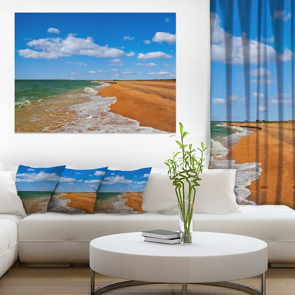 Designart PT10375-32-16 Green Waters on Winter Day Beach Large Canvas Print, 32 x 16", Blue
