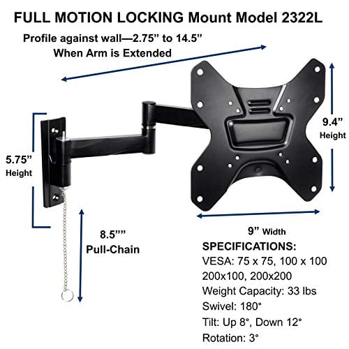 Master Mounts 2322L-2 Support de Téléviseur Portable de Voyage pour VR avec Bras Articulé Verrouillable Permet à 1 Téléviseur d'Être Utilisé à 2 Endroits, Garde le Téléviseur en Sécurité dans les Véhicules en Déplacement jusqu'à 50 Pouces et 200x200