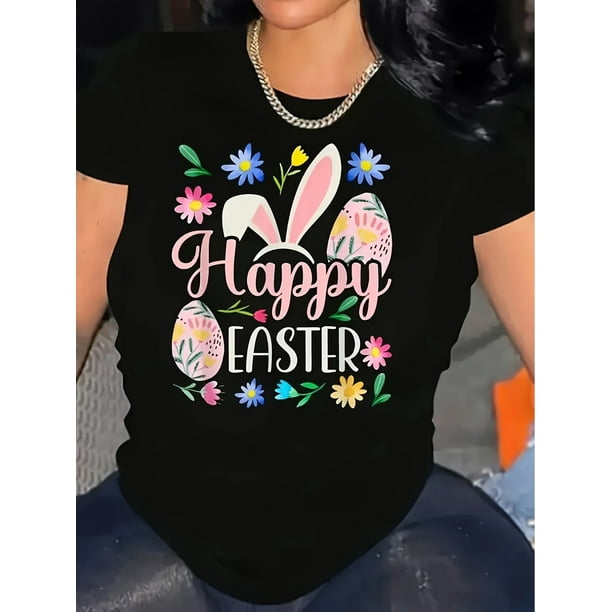 Easter Bunny Graphic T-Shirt, Crew Neck Short Sleeve Casual Tee, High Stretch Regular Fit Pullover
