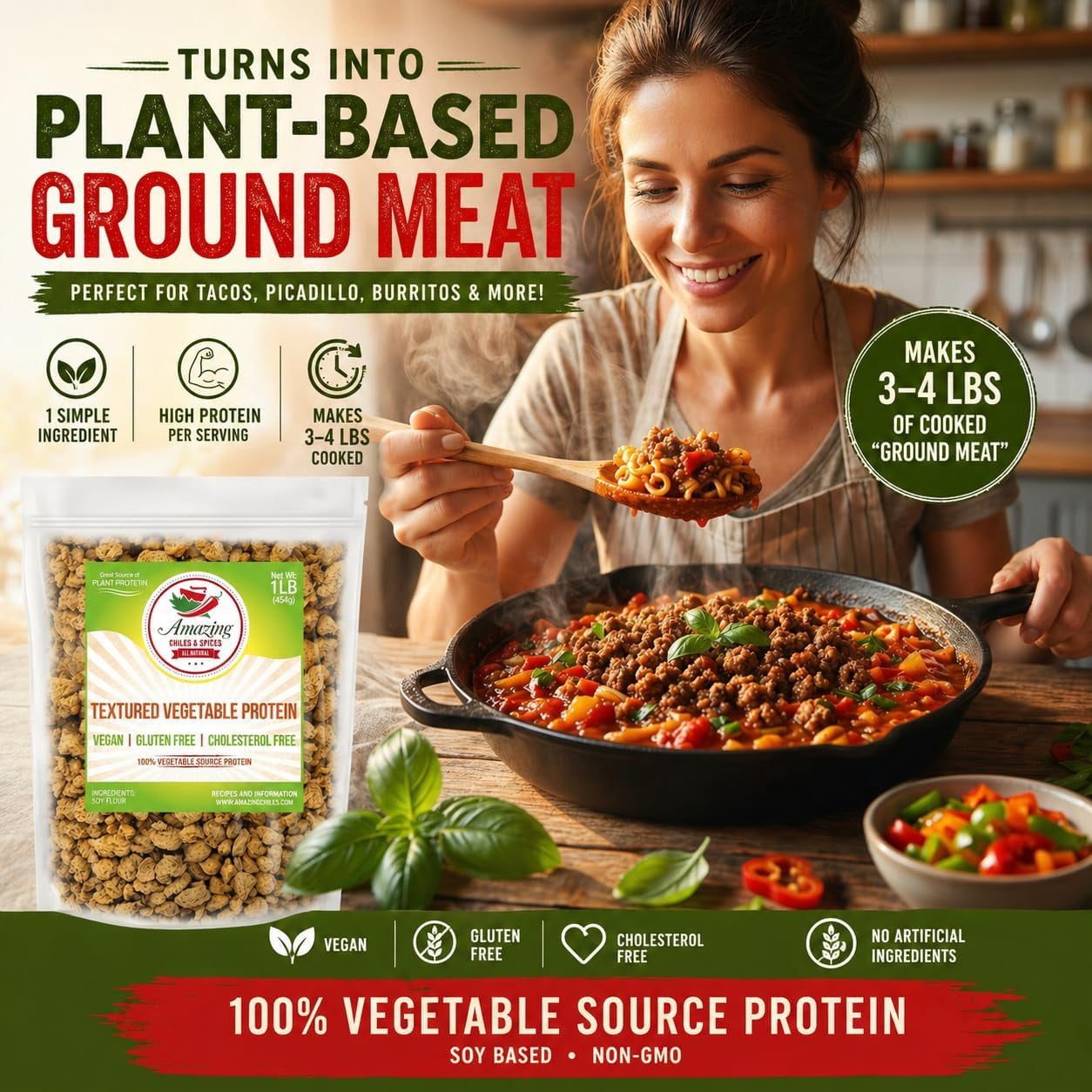 Textured Vegetable Protein (TVP), 1 lb. Bag. All Natural Plant Based Protein Chunks, Vegan