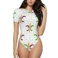 thumbnail image 1 of Bingfone Mardi Gras Carnival1 Pattern Women's Round Neck Bodysuit, Tight Snap Button Short Sleeve Bodysuit, Suitable for Party, Sports, Daily Wear-Small, 1 of 7
