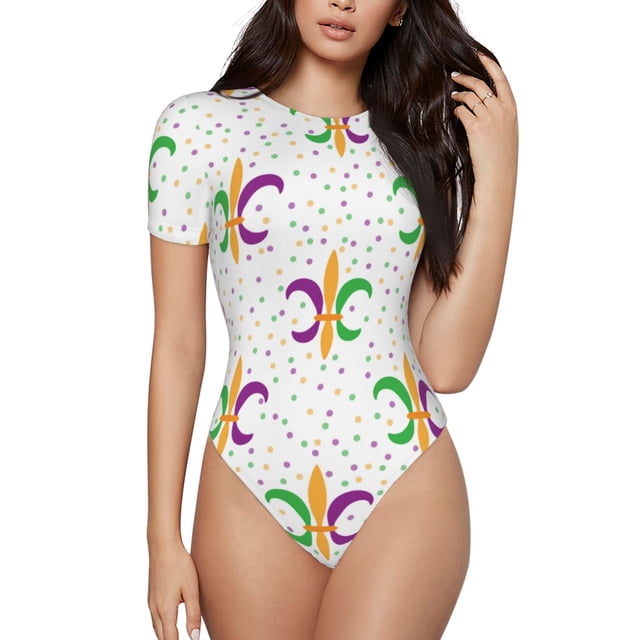 Bingfone Mardi Gras Carnival1 Pattern Women's Round Neck Bodysuit, Tight Snap Button Short Sleeve Bodysuit, Suitable for Party, Sports, Daily Wear-Small