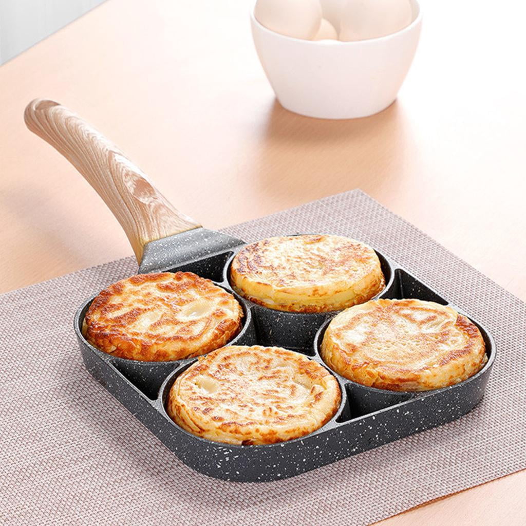 WE-POLUJ 4 Holes Egg Frying Pan Breakfast Burger Steak Non Stick Cooker with Wood Handle