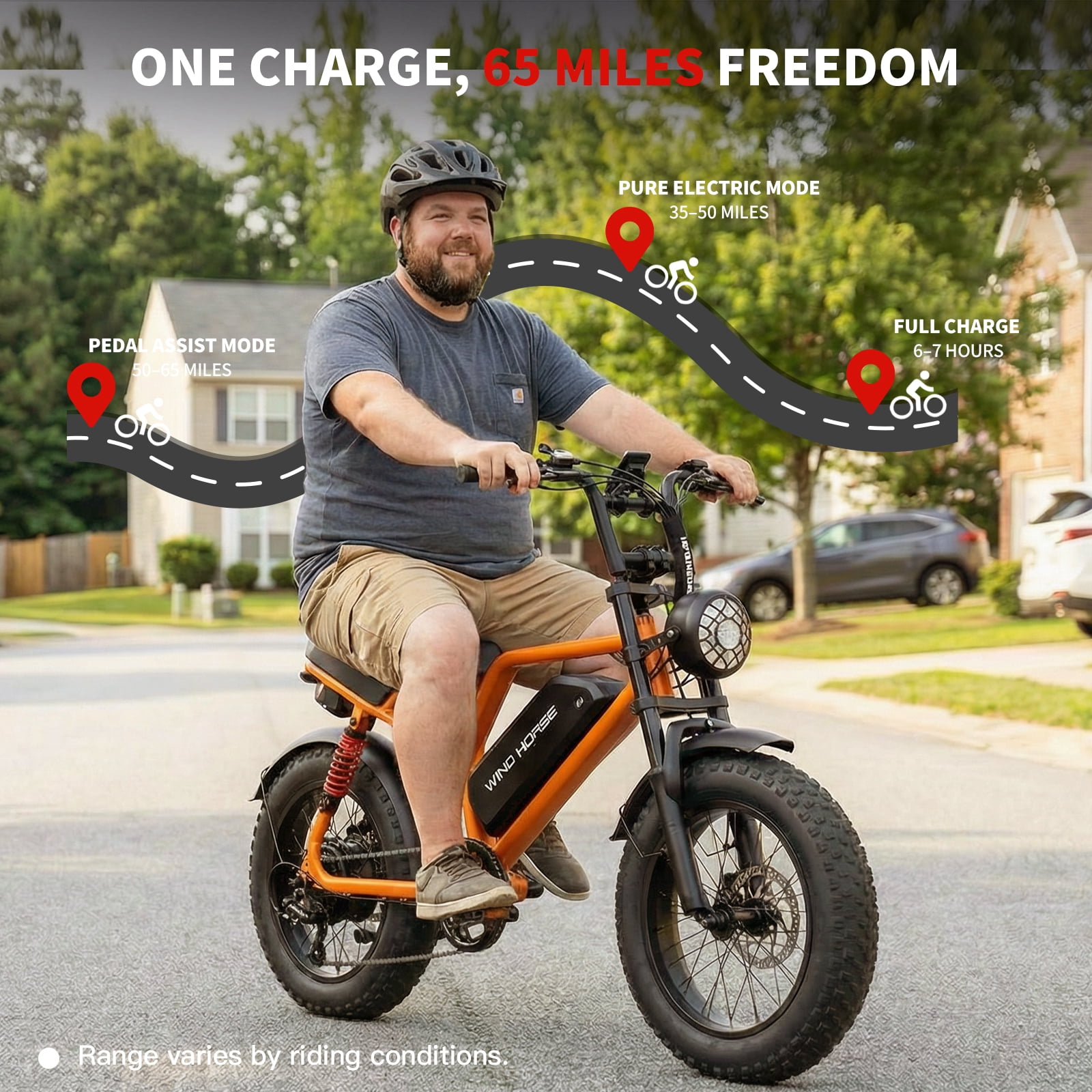 WINDHORSE Electric Bike for Adults, 750W Motor, 20 mph, 48V 15Ah Removable Battery 35-65 Miles Range, 16" Fat Tire E Mountain Bike, Built-in Speaker
