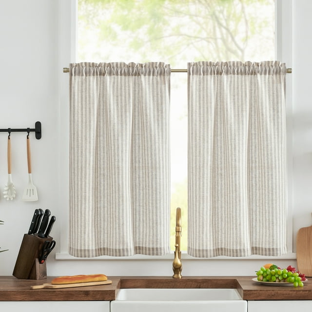 Curtainking Rayé Cuisine Rideau Lin Café Rideaux Semi-Transparent Rustique Ferme Niveau Rideaux 36 Pouces Tige Poche 2 Panneaux Gris