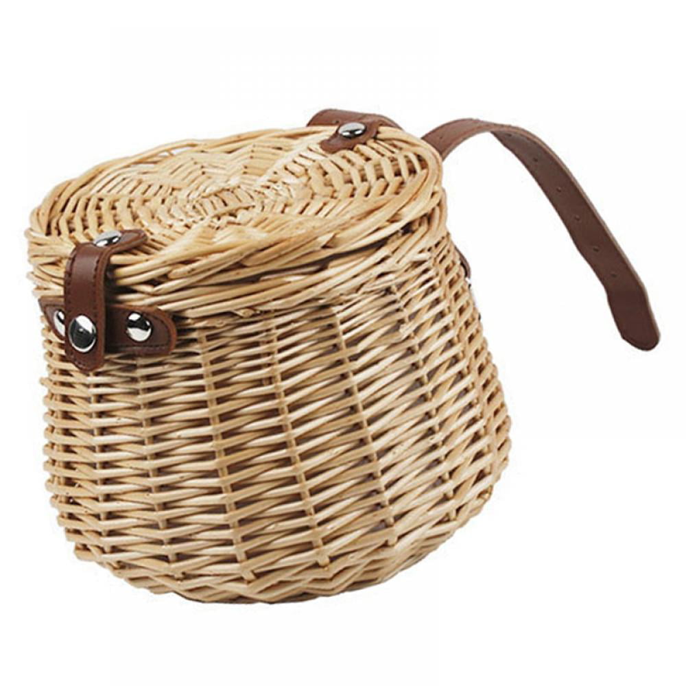 with Leather Strap Water Resistant Hand-Woven Natural Rattan Wicker Bike Basket for Children Bicycle Basket Wicker Front Handlebar Bike Basket