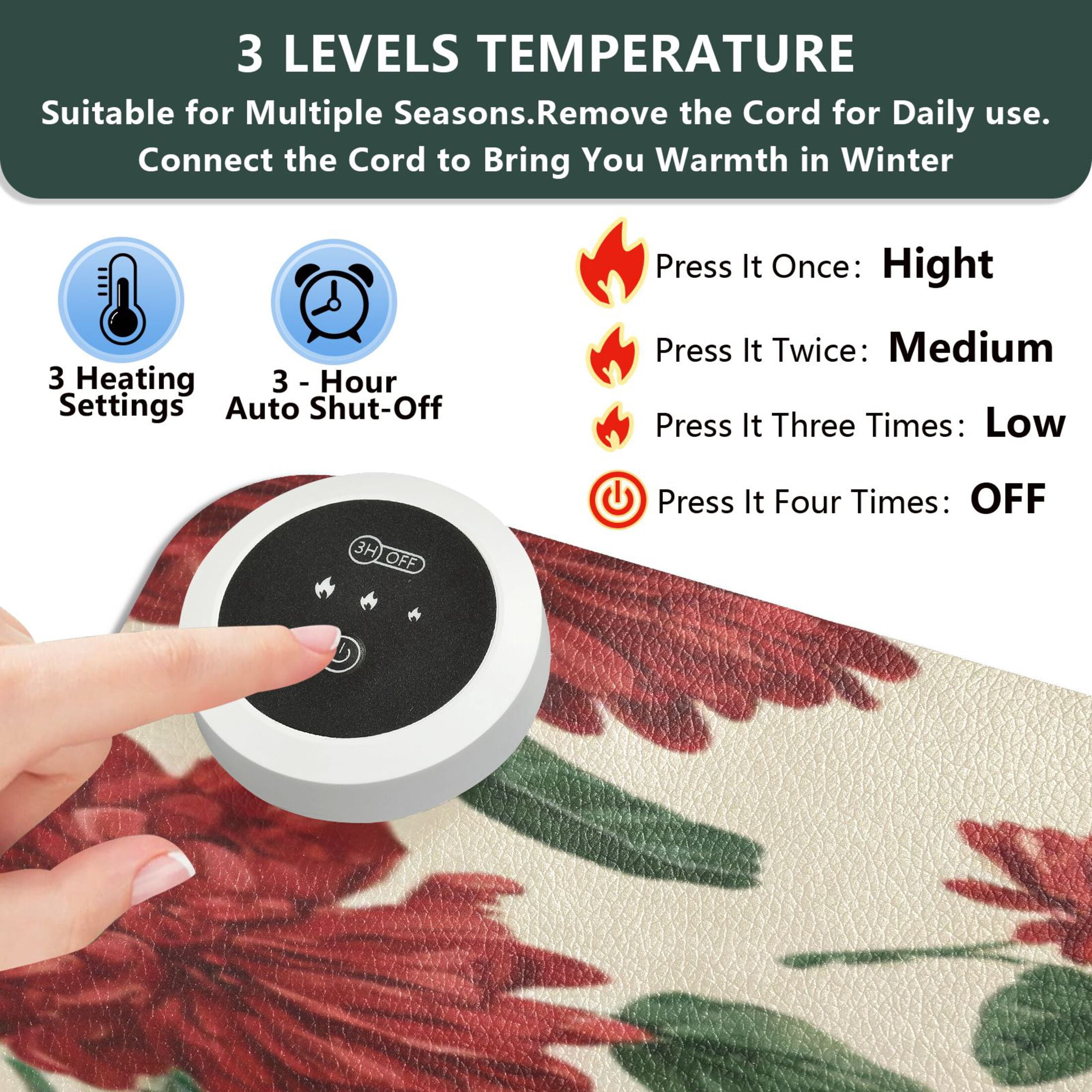 Large Heated Desk Mat Mouse Pad 31.5"x13"PU Leather Graphene Heating Desk Warmer with 3 Temperature Settings 110V US Plug Non-Slip Warm Pad for Home, Office, and Gaming Red Christmas Bows and Floral