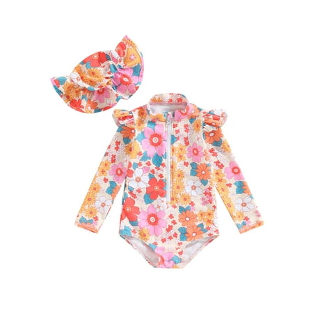 

jaweiwi Toddler Girls Summer Romper Swimwear 0 6 12 18 24M 3T Swimsuit Long Sleeve O Neck Floral Bathing Suit + Hat