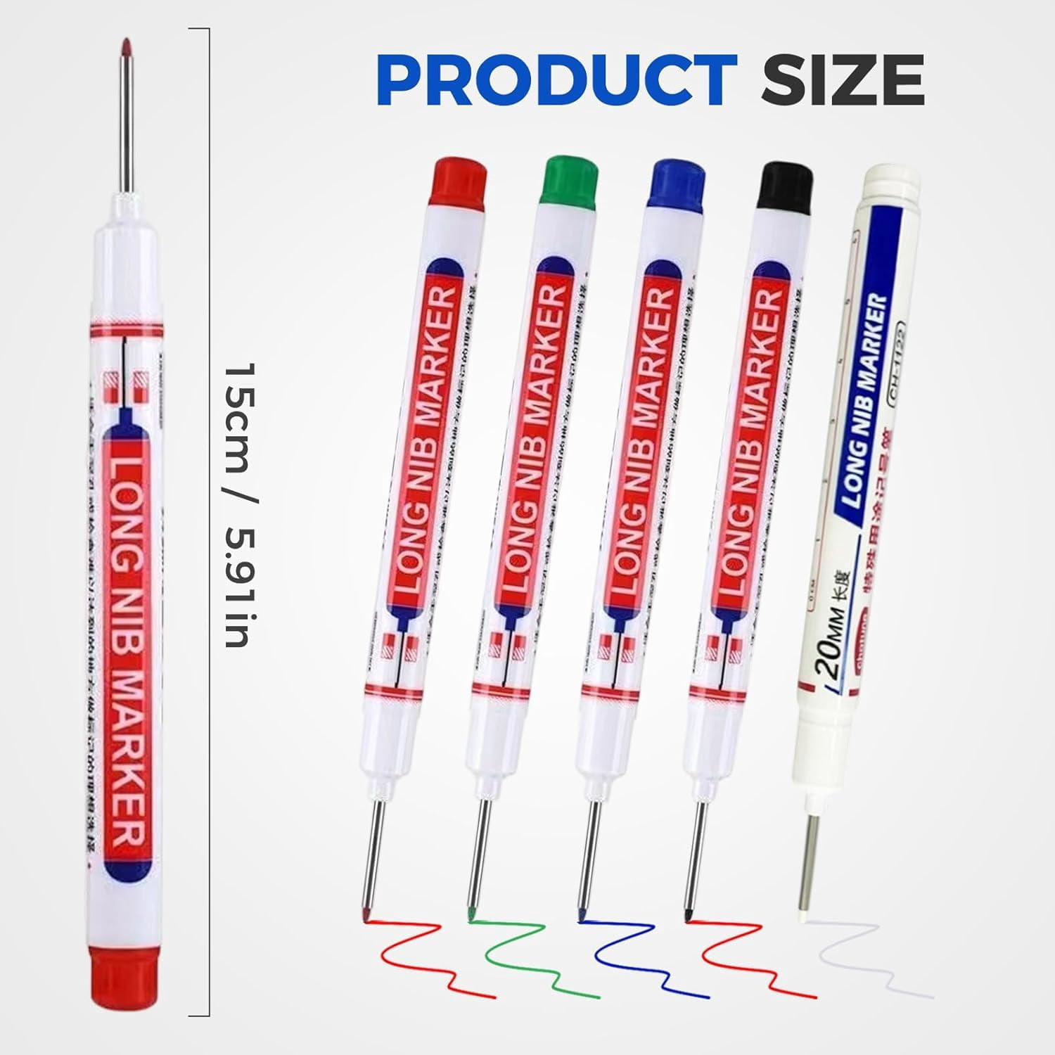 Long Nib Marker, 20mm Deep Hole Marker Pens, Multi-Color Long Nose Construction Markers, Waterproof Quick Dry Metal Wood Carpenter Marking Tool for DIY, Tight Spaces & Drilling