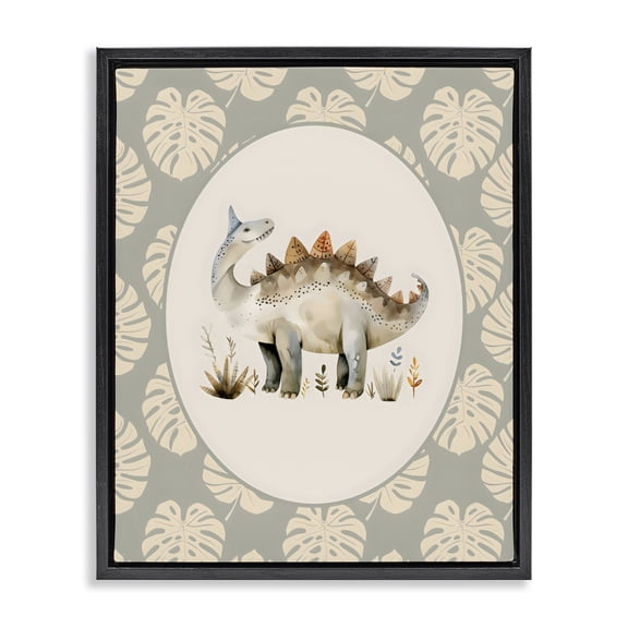 Stupell Industries Watercolor Dinosaur Monstera Border Black Framed Floater Canvas Wall Art, design by LSR Design Studio