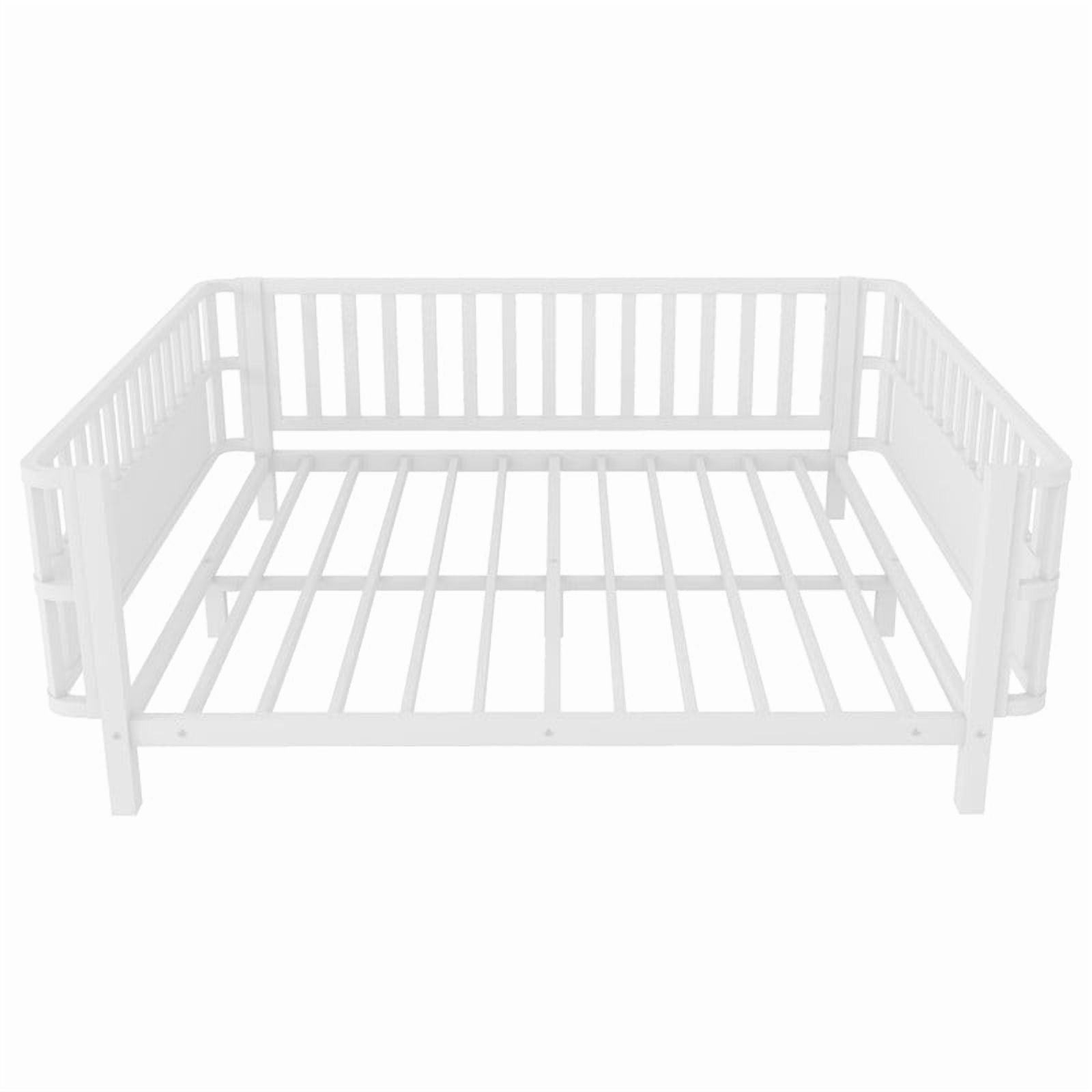 Mirightone Full Montessori Floor Bed, Metal Platform Bed Frame with Safety Guardrails, Low to Ground Bed for Bedroom Nursery, No Box Spring Needed, White