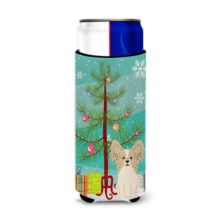 

Carolines Treasures BB4202MUK Merry Christmas Tree Papillon Sable White Michelob Ultra Hugger for slim cans Slim Can