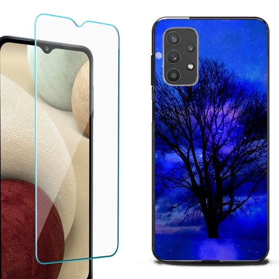 Slim-Fit Flexible TPU Gel Phone Case (black) for Samsung Galaxy A32 5G, with Tempered Glass Screen Protector, by OneToughShield ® - Night Tree