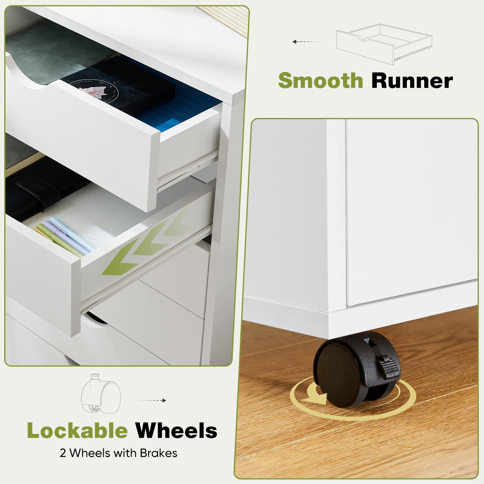 Gianna 5-Drawer Portable Storage Cabinet on Wheels for Office, Bedroom & Home Organization, White